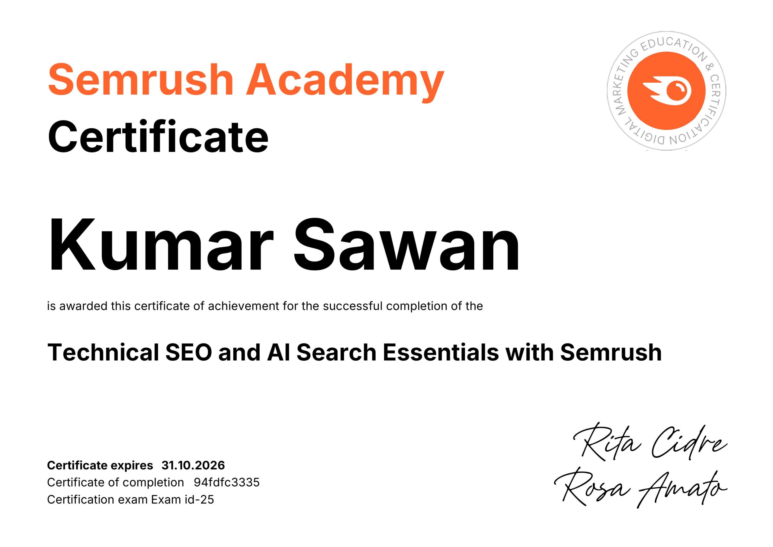 Technical SEO Certificate - Semrush Academy