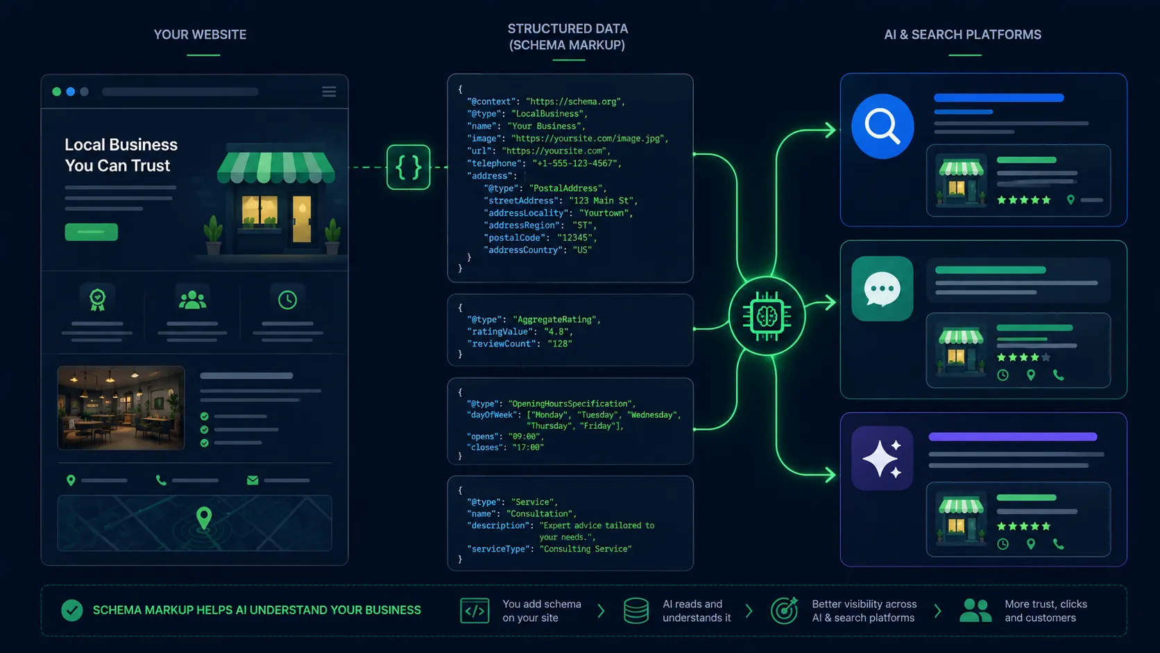 Schema markup connecting local business website to AI search engines | Sawan Jha