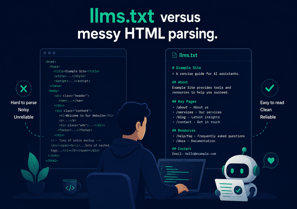 Illustration showing the original developer use case for llms.txt versus messy HTML parsing