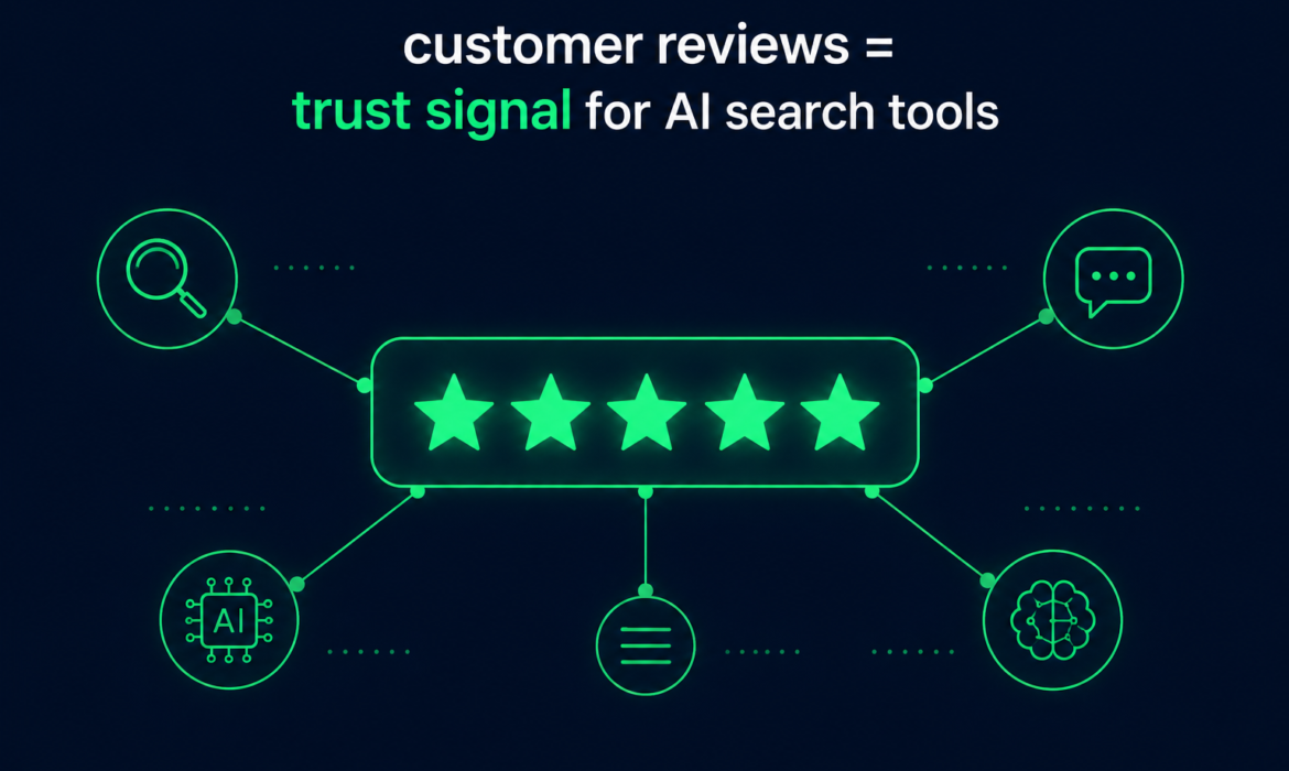 Illustration representing customer reviews as a trust signal for AI search tools