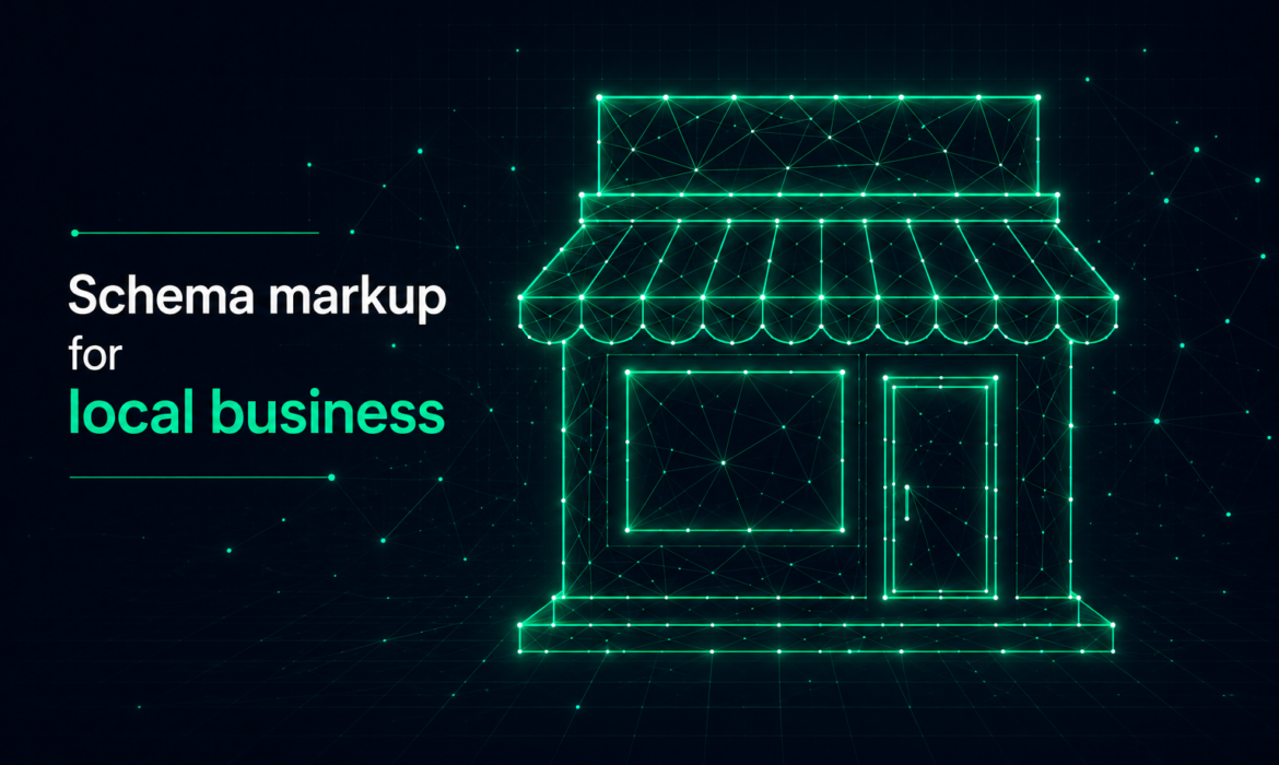 Schema markup illustration showing a local business storefront built from structured data nodes