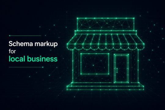 Schema markup illustration showing a local business storefront built from structured data nodes