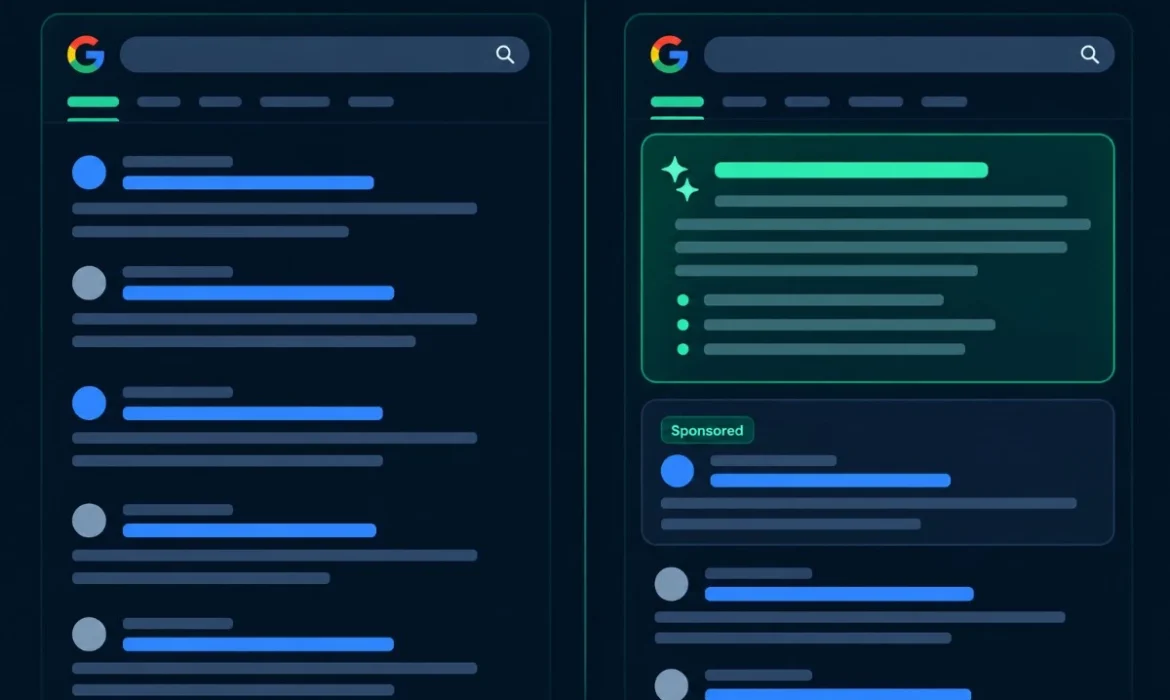 Traditional Google search results compared to an AI Overview with a sponsored ad placement
