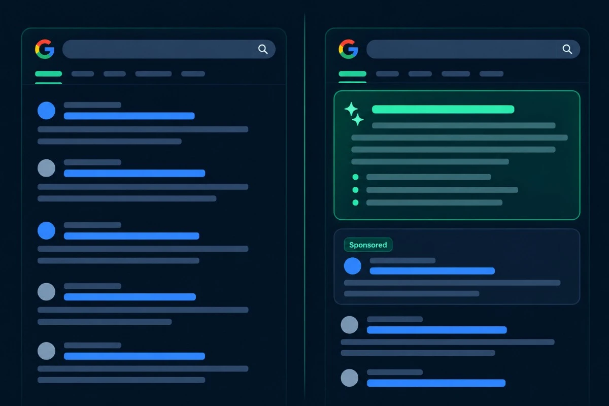 Traditional Google search results compared to an AI Overview with a sponsored ad placement