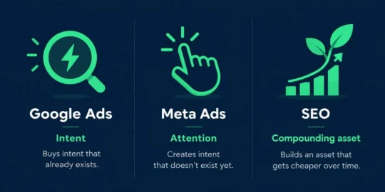 Comparison of Google Ads, Meta Ads, and SEO showing intent | Sawan Jha