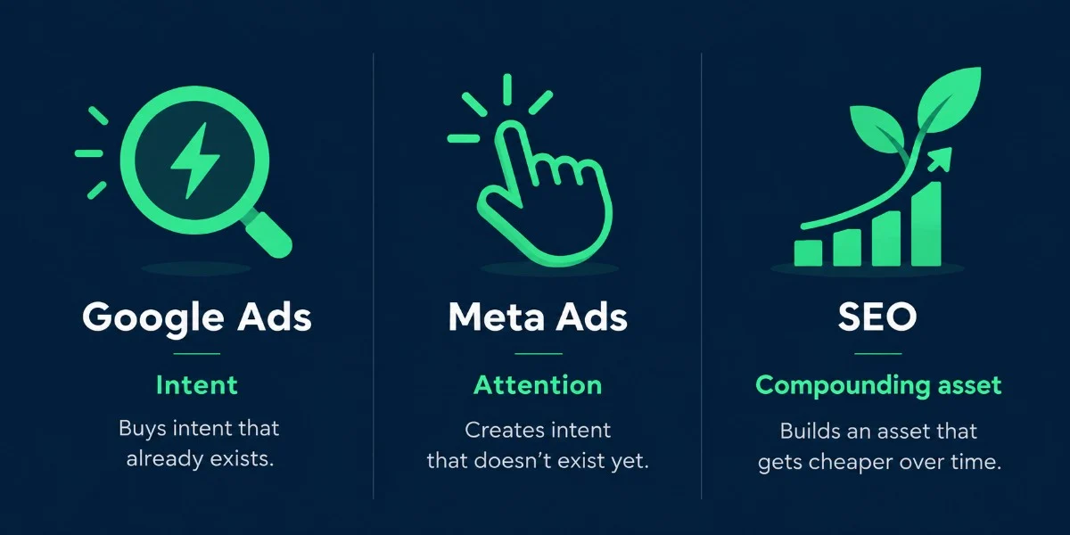 Comparison of Google Ads, Meta Ads, and SEO showing intent | Sawan Jha