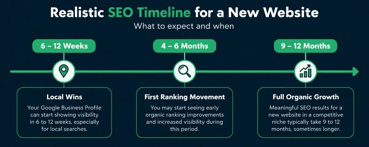 Realistic SEO results timeline for a new website showing local, early, and full growth milestones
