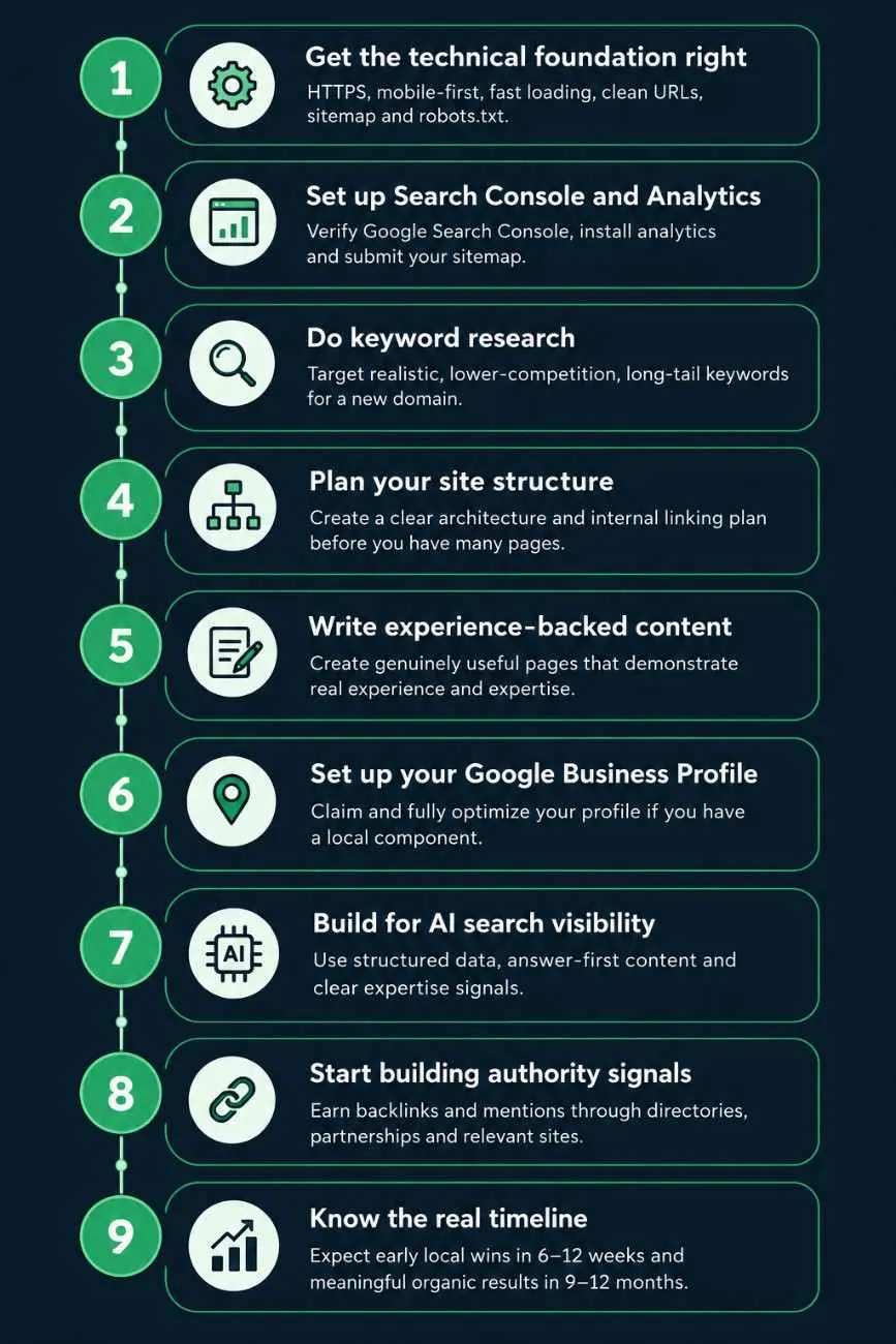 Step-by-step sequence for launching SEO on a brand new website from technical setup to authority building | Sawan Jha